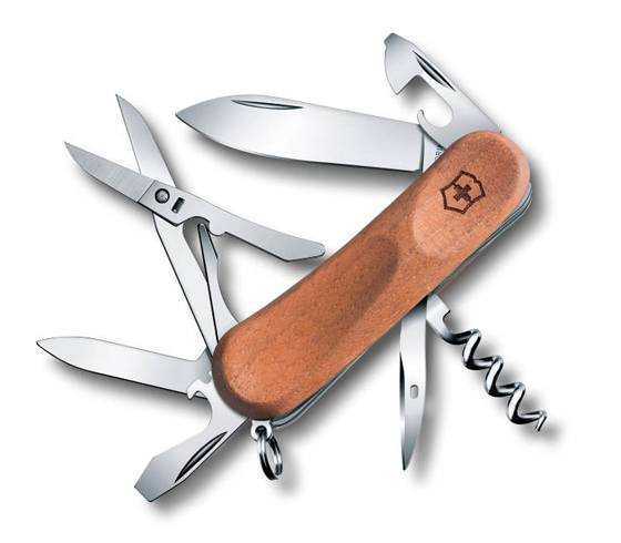 Victorinox Schweizerkniv med træskaft og flere funktioner til outdoor, camping og hverdagsbrug.