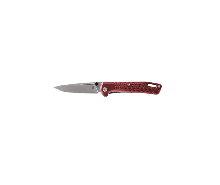 Gerber Zilch Drab Red foldekniv med åbent blad og rød struktureret håndtag